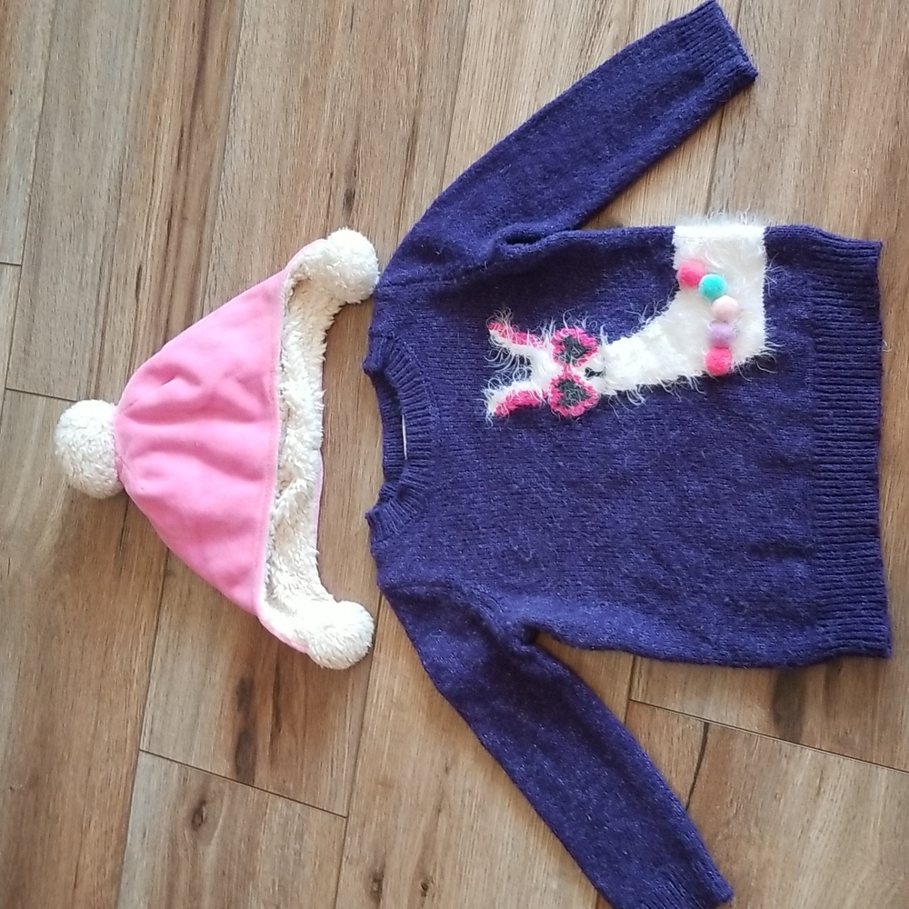 12M Cat and Jack Purple Llama Sweater Sweatshirt & 18M Pink Zutano Bobble Hat